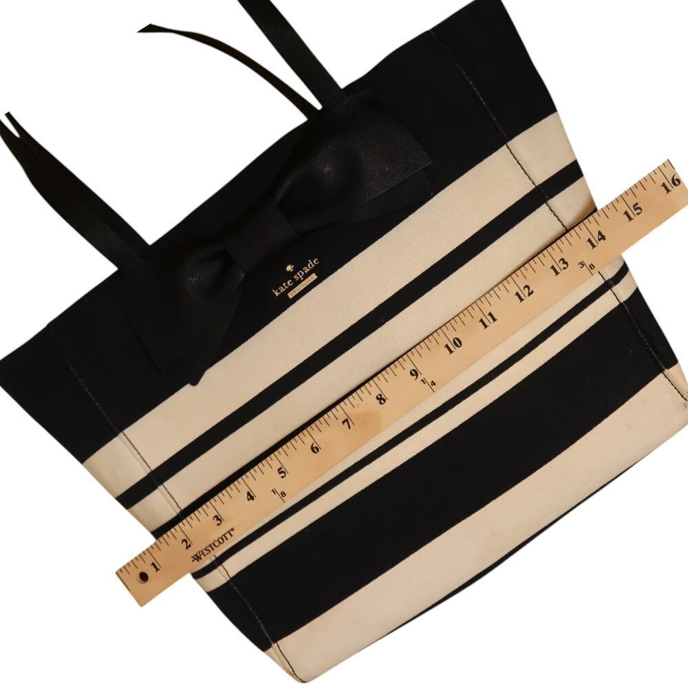 Kate Spade Bow Tote Black Cream Striped Canvas Shopper Bag Large - Picture 15 of 16